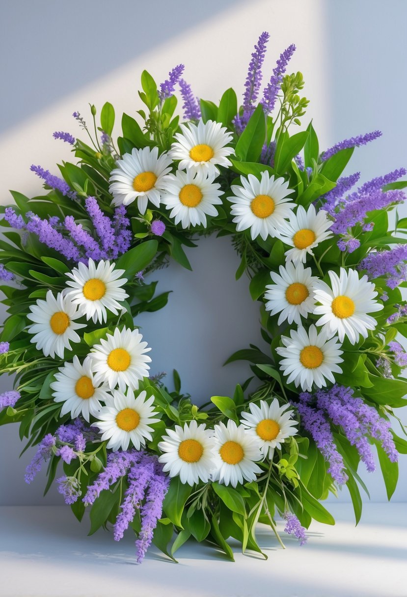 A circular wreath made of white daisies and purple lavender flowers with green leaves.
