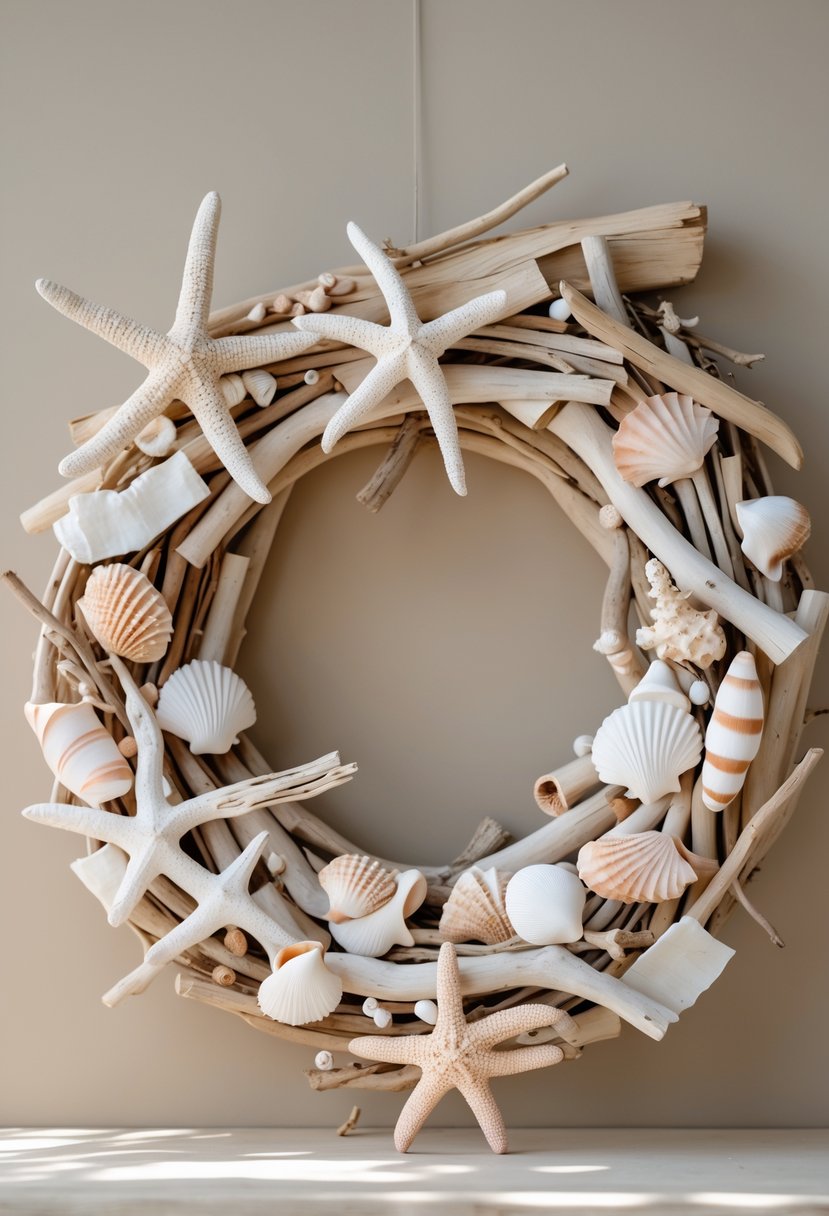 A circular wreath made of driftwood, coral pieces, seashells, and starfish on a light sandy background.