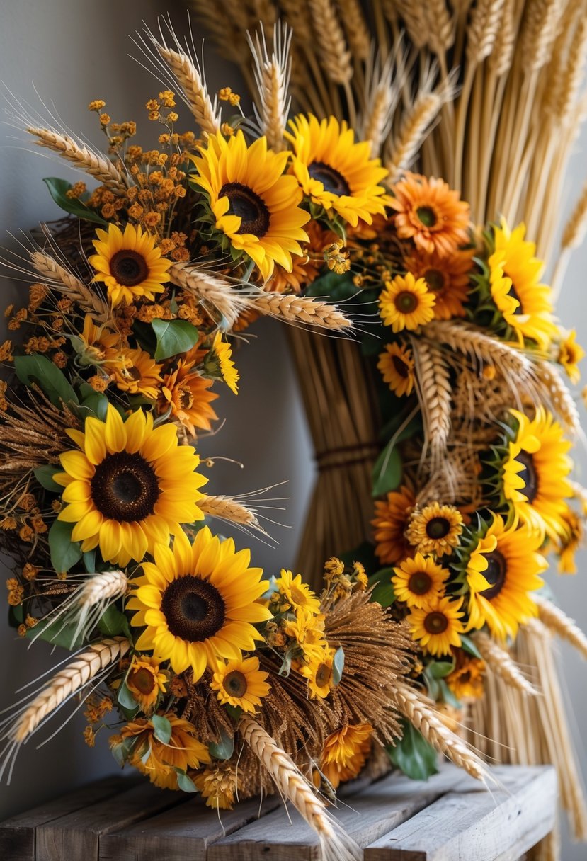 A circular fall wreath made of bright yellow sunflowers and golden wheat stalks against a softly blurred background.