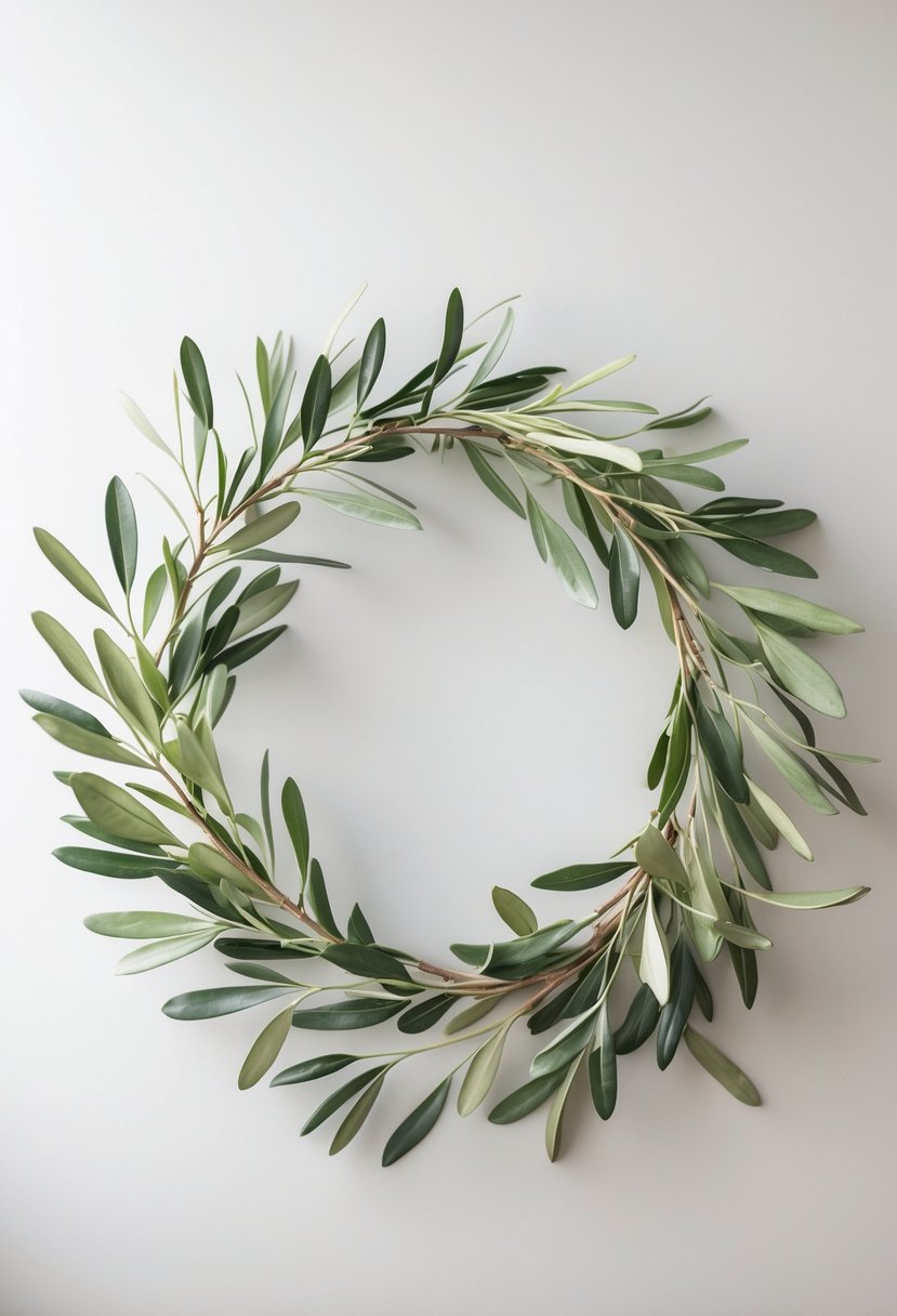 A circular wreath made of olive branches with green leaves on a plain light background.