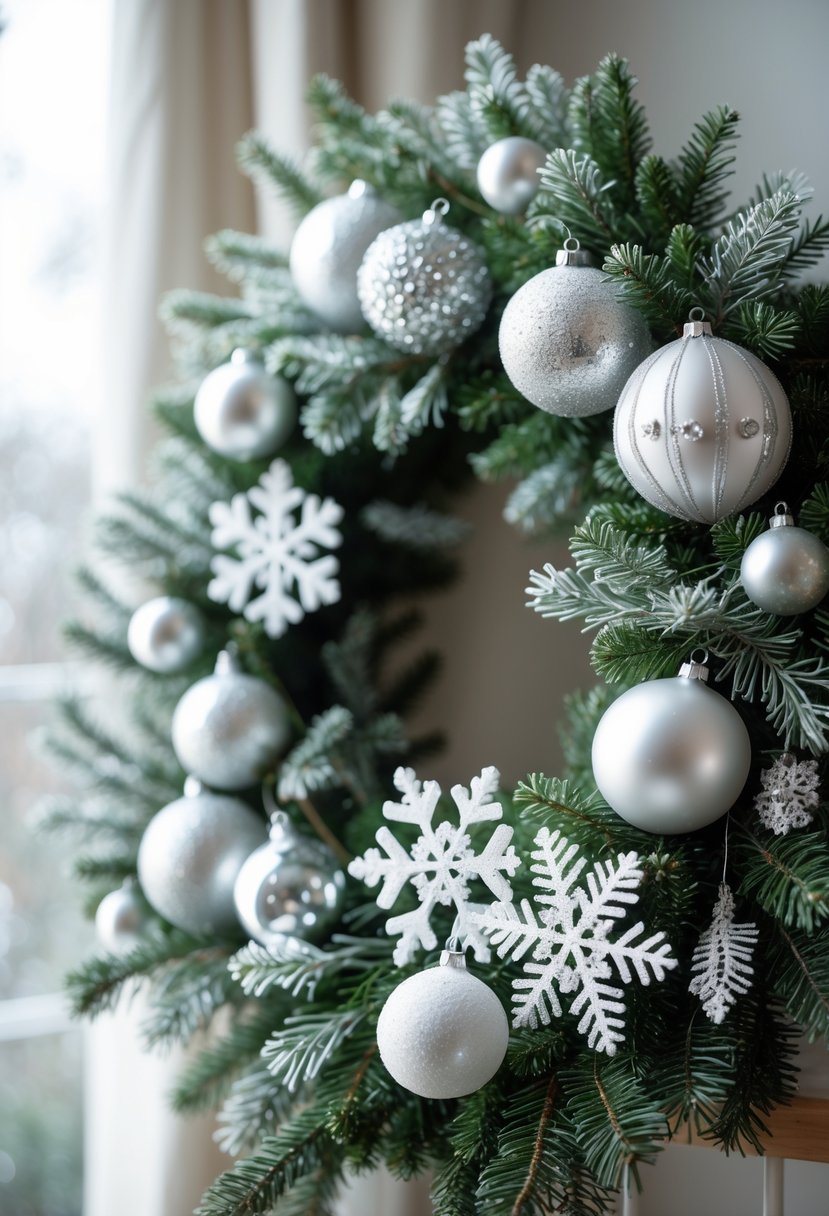 A winter wreath decorated with silver ornaments and snowflakes on evergreen branches.