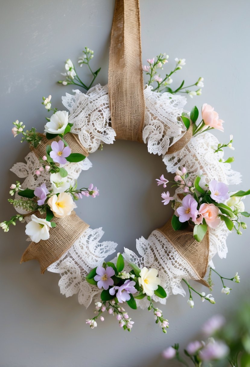 A circular wreath made of lace and burlap decorated with small spring flowers and green leaves on a neutral background.