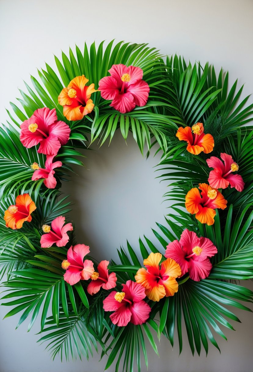 A circular wreath made of green palm leaves and colorful hibiscus flowers on a plain background.