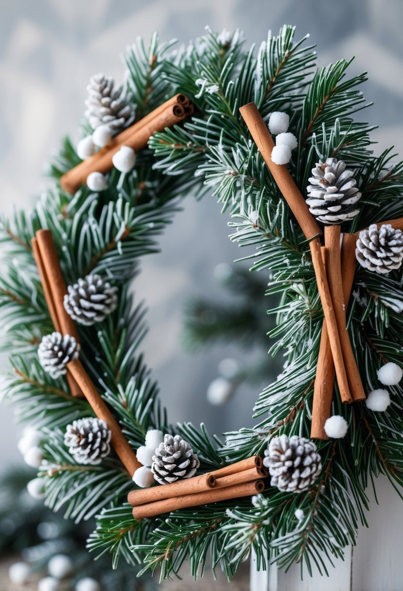 A circular winter wreath made of white pine branches and cinnamon sticks with pine cones and white berries.
