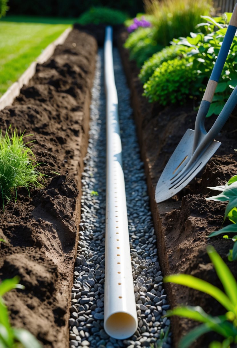 A shallow trench in a garden with perforated PVC pipe and gravel being installed for drainage, surrounded by grass and garden plants.
