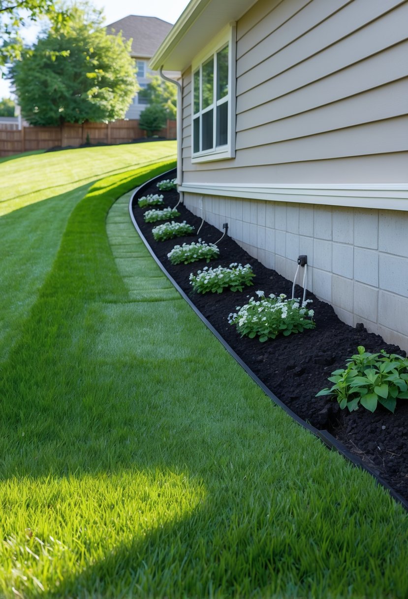 A backyard with grass sloping gently away from a house, showing proper yard grading for drainage.