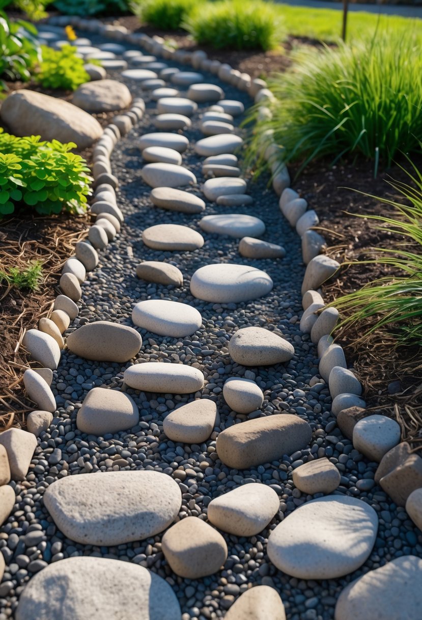 A dry creek bed made of river rocks winding through a garden with green plants and grass.