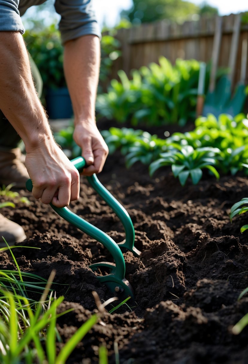 Hands using a manual soil aerator tool to loosen compacted soil in a garden with green plants around.