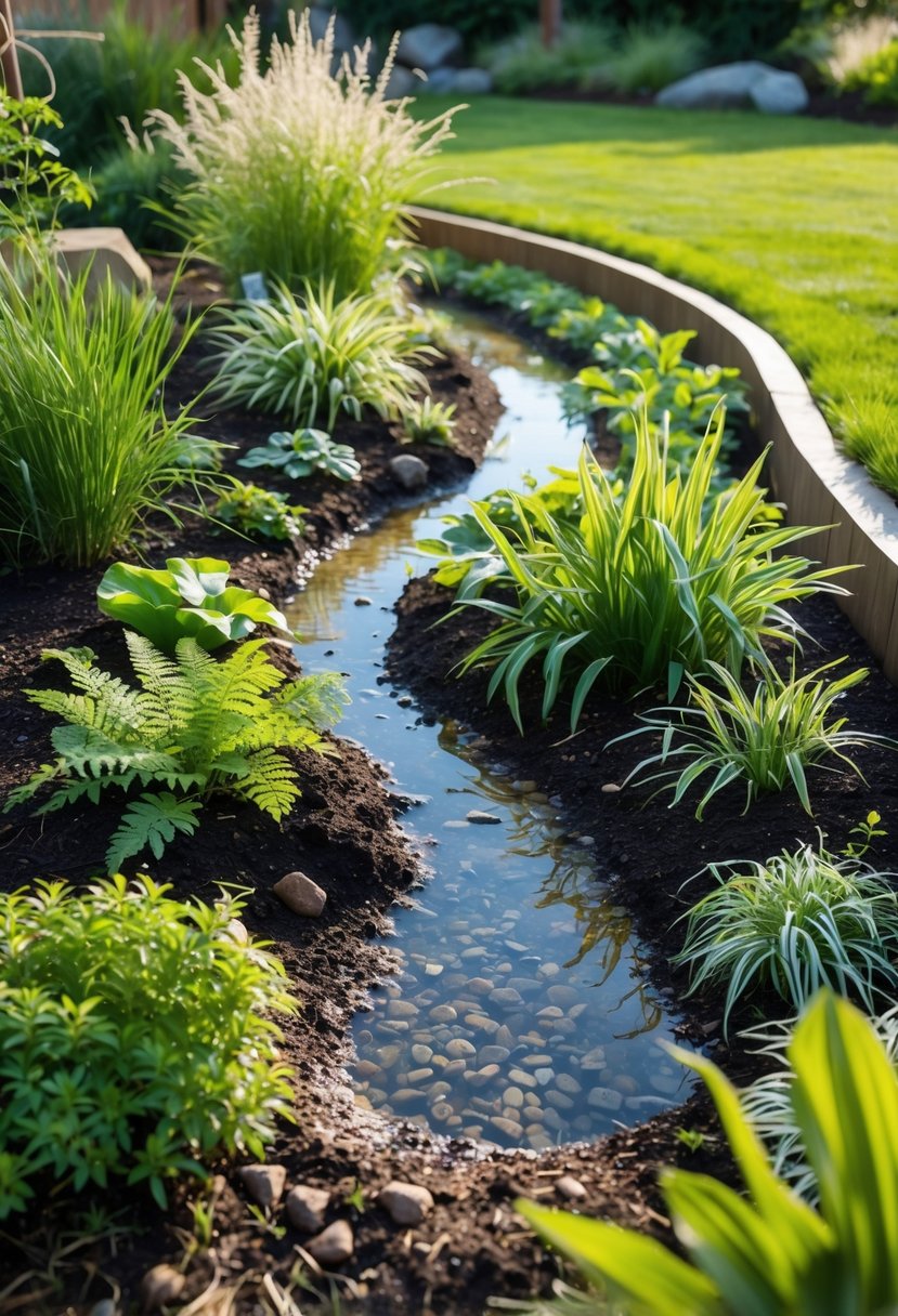 A rain garden with native moisture-loving plants in a shallow depression surrounded by grass and natural landscaping.