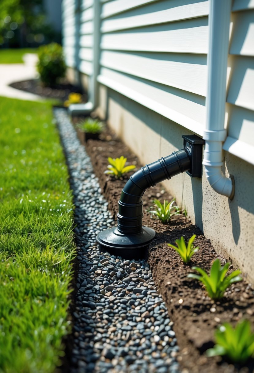 A house corner with an extended downspout directing water away from the foundation into a gravel drainage area surrounded by grass and garden plants.