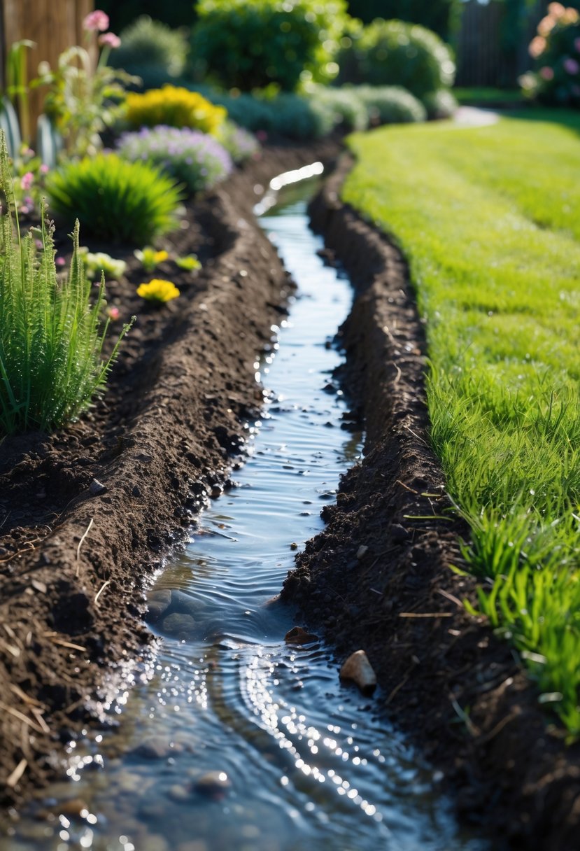 A garden swale directing water flow through a shallow trench surrounded by grass and plants.