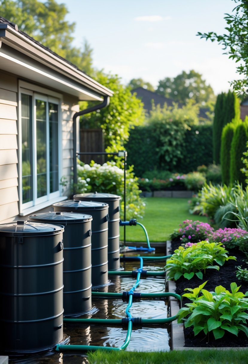Rain barrels collecting roof runoff water next to a house, with hoses directing water to a garden bed surrounded by plants.