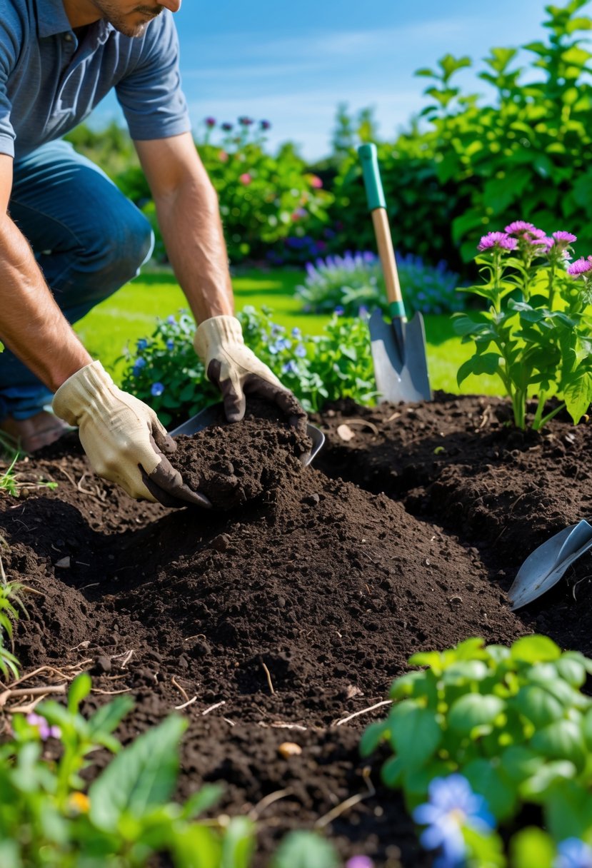 Hands spreading soil over a low spot in a garden bed surrounded by plants and gardening tools.