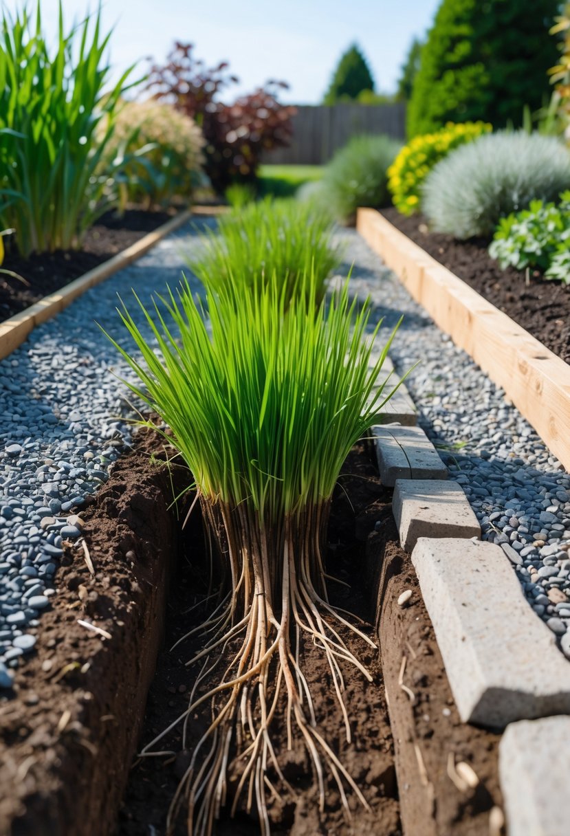 A garden with deep-rooted grasses planted on a slope, showing soil and drainage features like gravel and stone borders.
