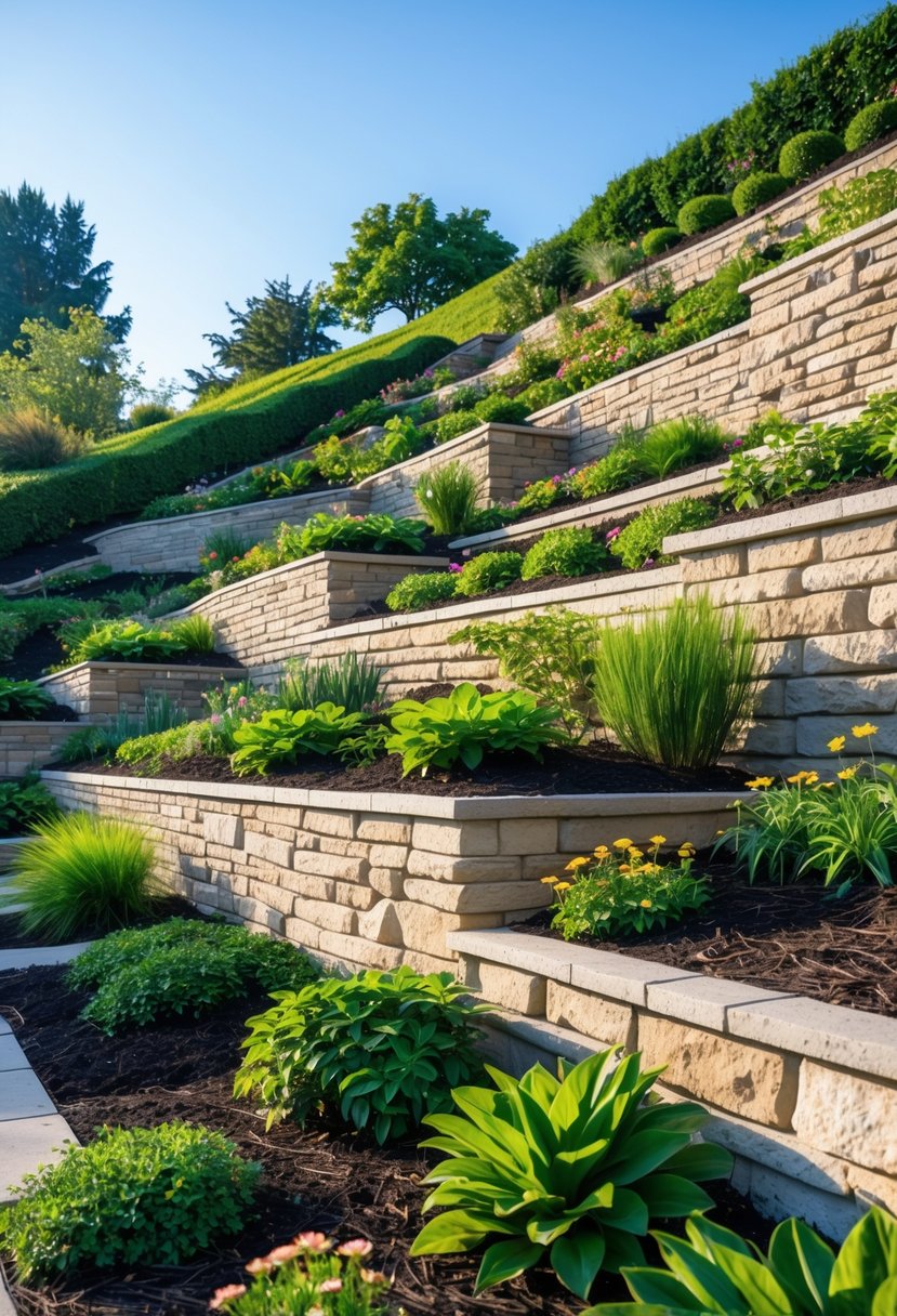 A hillside garden with multiple stone terraces planted with green plants and flowers to slow water runoff.