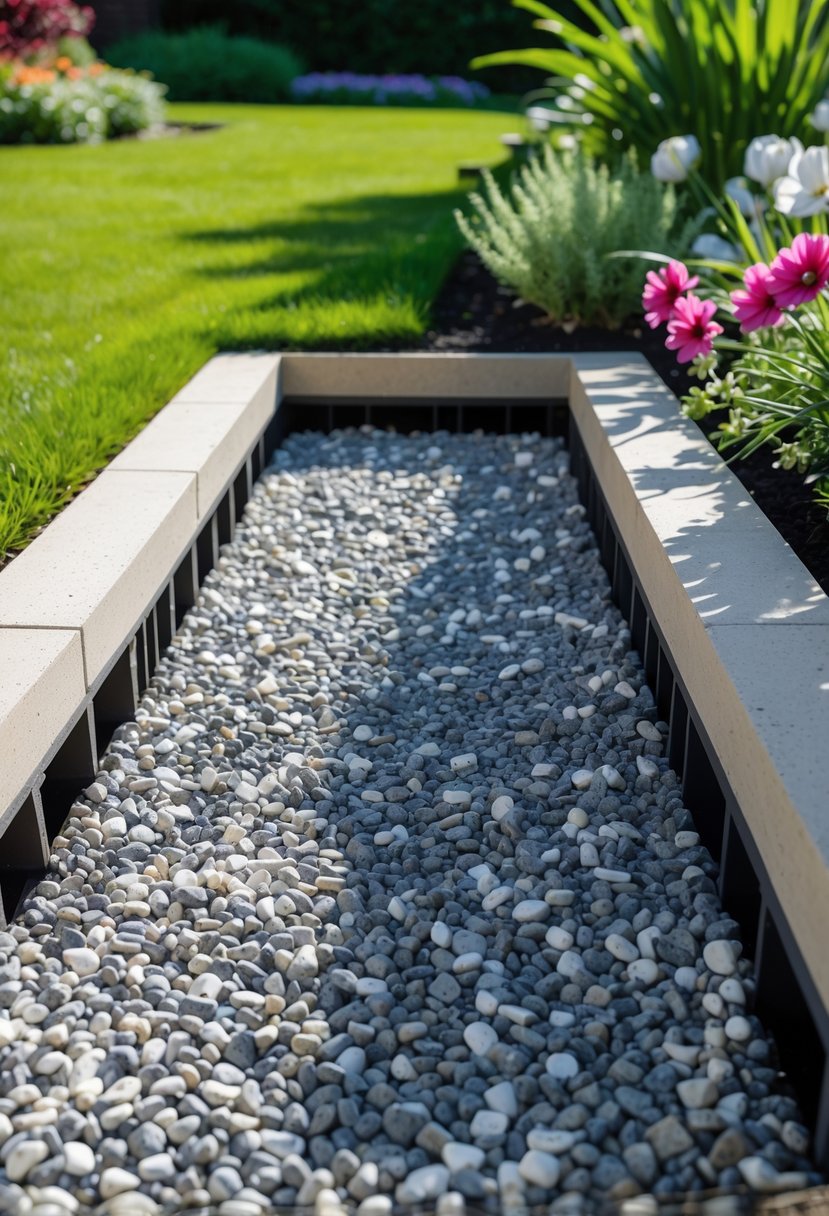 A gravel-filled trench drain installed in a garden with green grass and colorful plants around it.