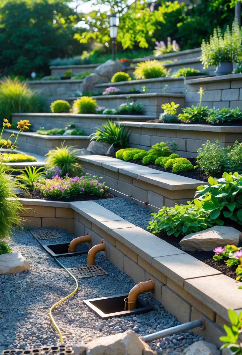A multi-level garden with stone retaining walls, plants, and visible drainage features guiding water flow.