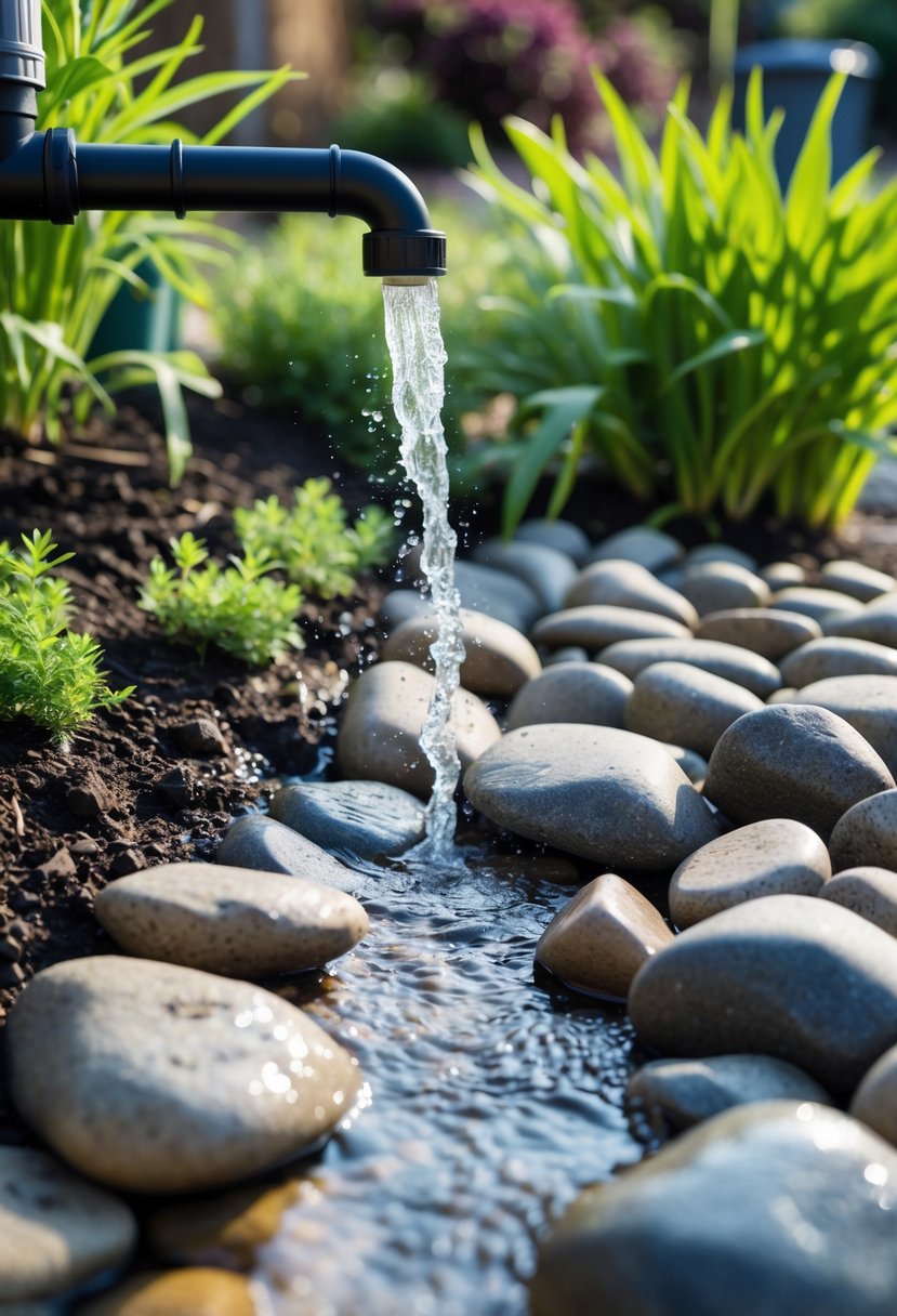 Downspout directing water onto a bed of smooth river rocks in a garden with green plants.