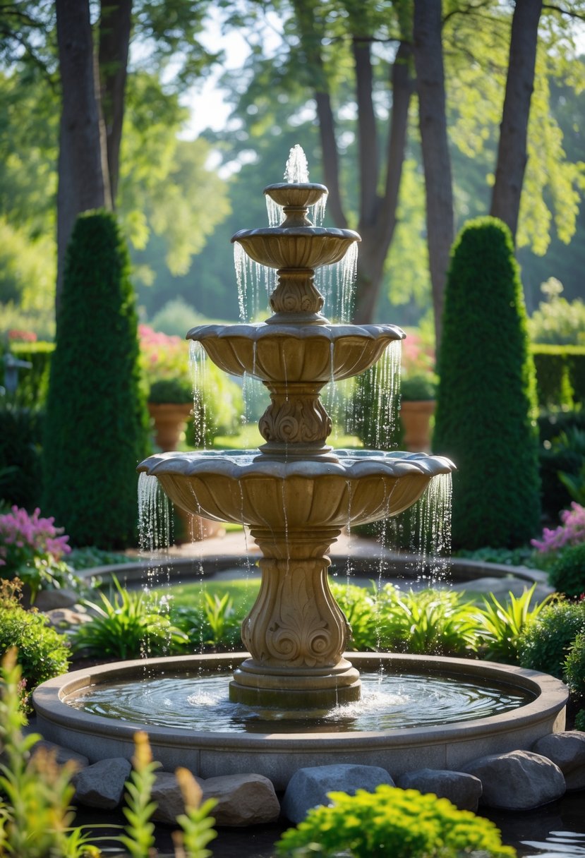 A garden with a large water fountain surrounded by plants and trees under soft sunlight.
