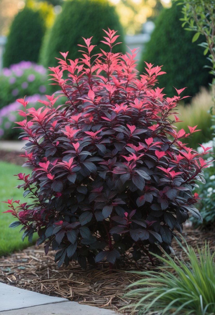 A colorful Berberis thunbergii'Rose Glow' shrub with vibrant pink and burgundy leaves in a garden setting.
