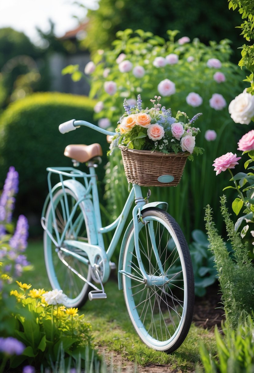 A vintage bicycle decorated with flowers positioned in a lush garden surrounded by blooming plants and greenery.