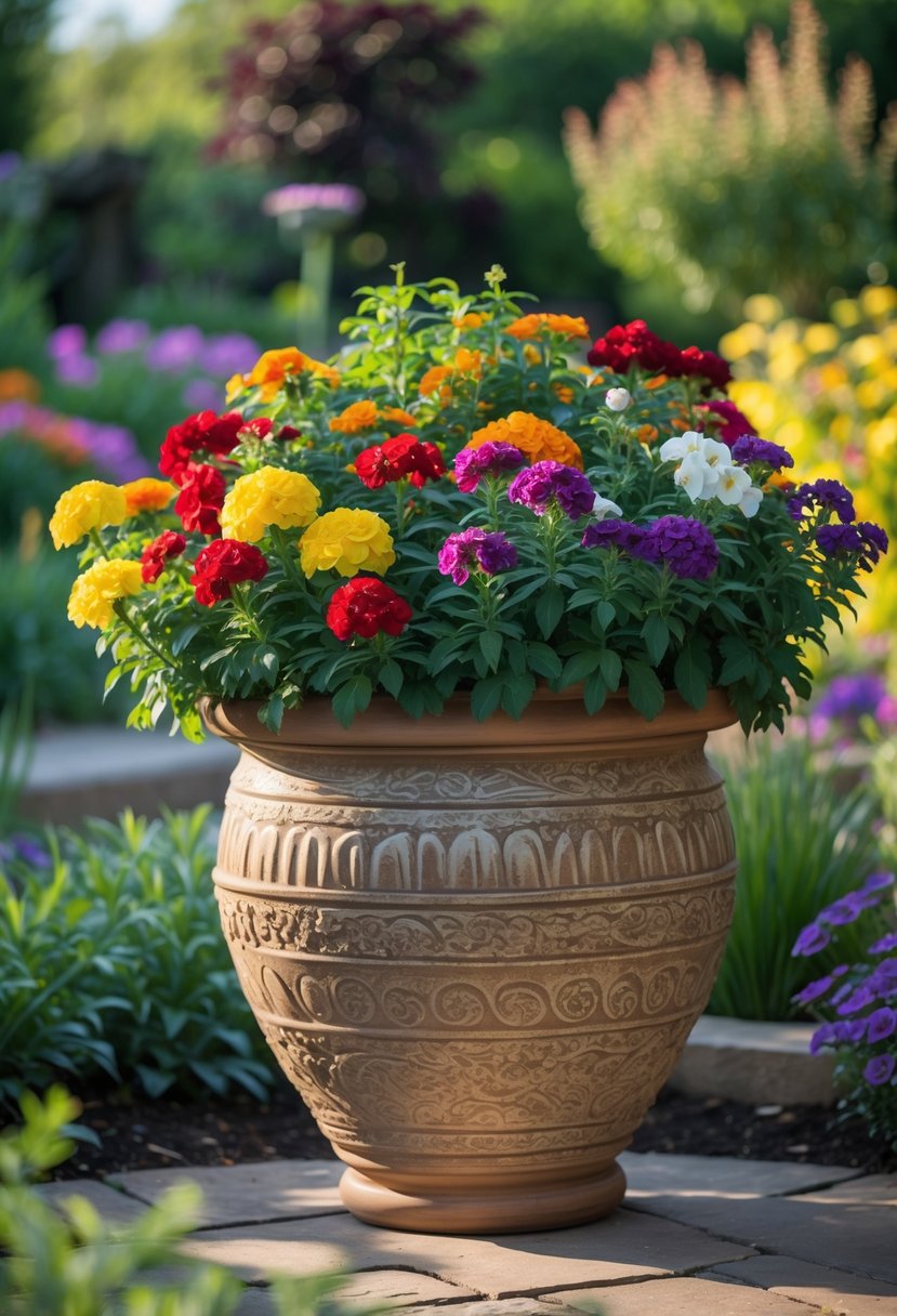 Large ornamental garden pot filled with colorful blooming annual flowers placed in a lush garden setting.