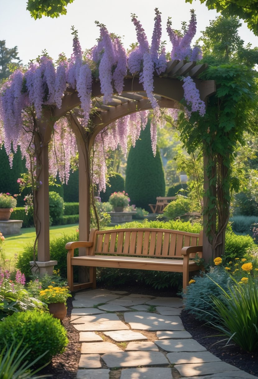 A wooden garden bench nestled under a flowering pergola surrounded by colorful flowers and green plants in a peaceful garden setting.