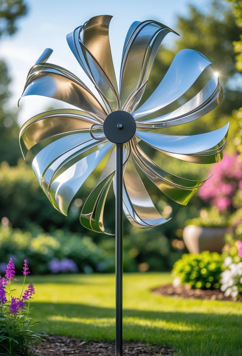 A unique metal wind spinner with curved blades rotating in a garden surrounded by green grass and flowering plants under a clear sky.
