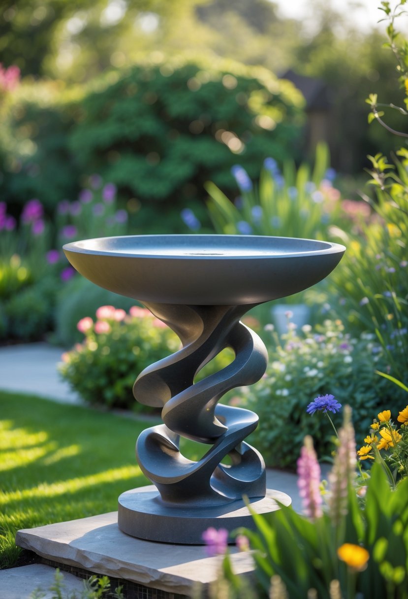 A bird bath with an artistic sculptural base surrounded by green plants and flowers in a garden.
