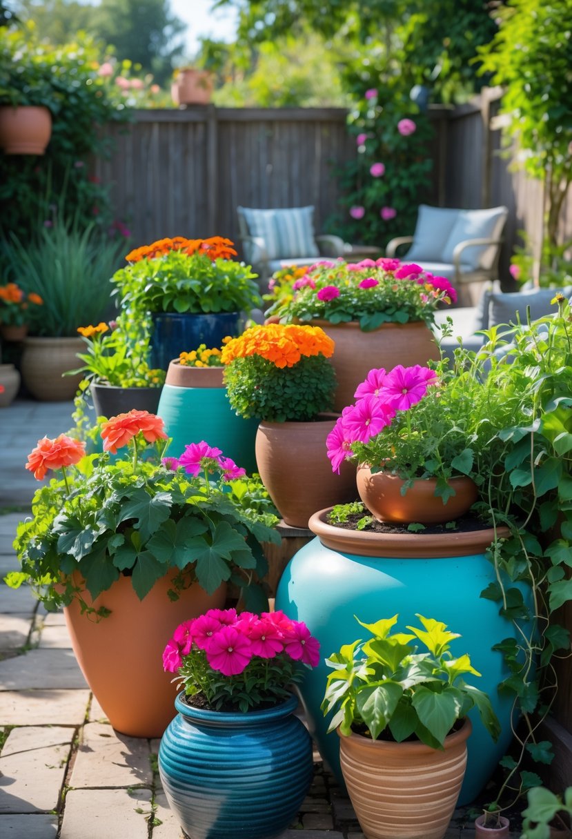 A colorful container garden with various flowering plants in different pots arranged outdoors in a sunny garden.