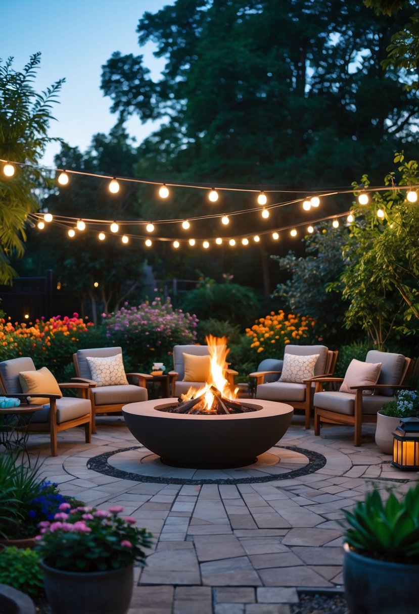Outdoor garden with a firepit surrounded by chairs and benches, greenery, and decorative plants.