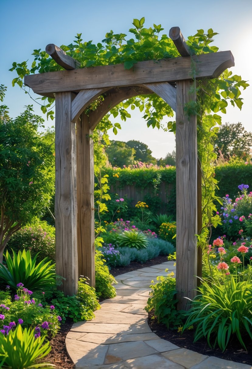 A rustic wooden archway surrounded by green plants and colorful flowers in a garden.