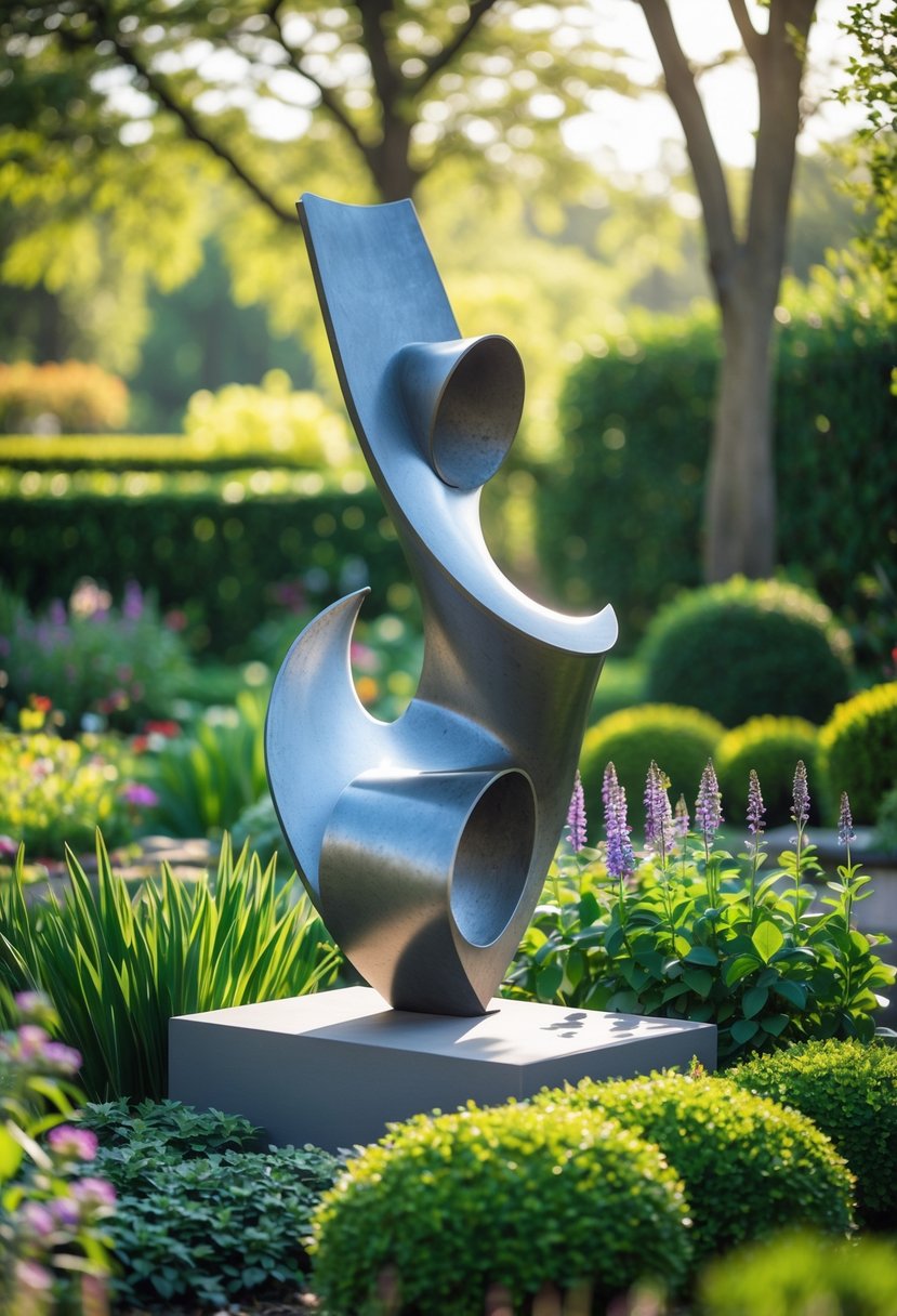 A sculptural garden art piece surrounded by green plants and colorful flowers in a garden setting.