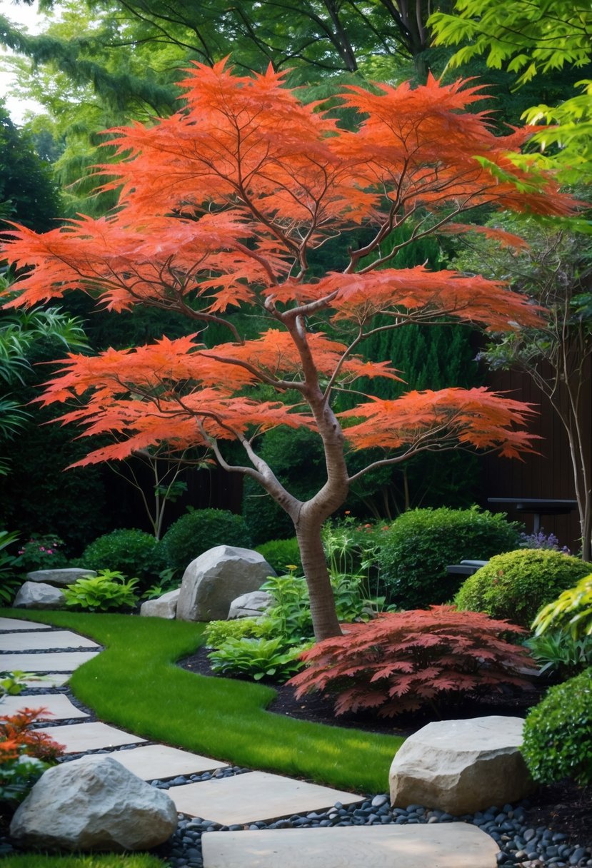 A Japanese maple tree with red and orange leaves stands prominently in a well-kept garden with stone paths and surrounding plants.
