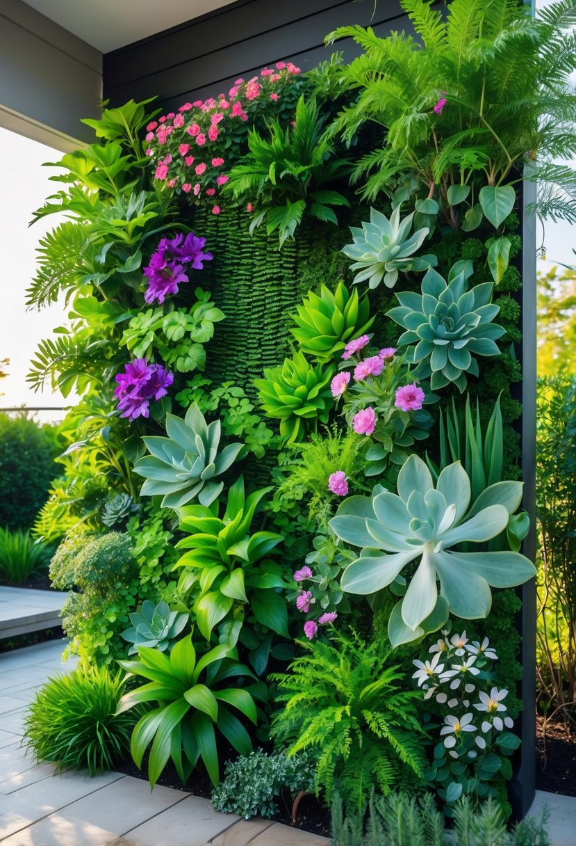 A lush vertical garden wall filled with various green plants and colorful flowers in an outdoor patio setting.