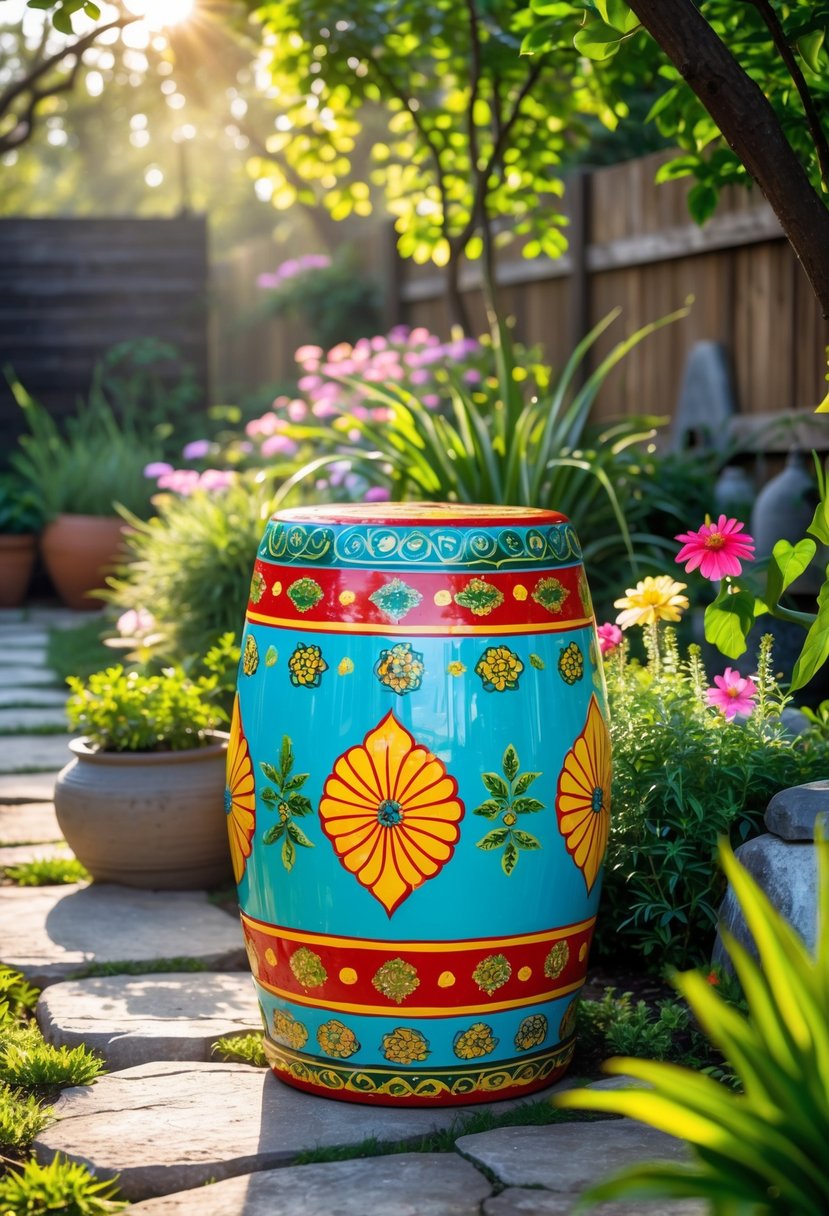 A brightly painted garden stool surrounded by flowers and greenery in a sunny garden.