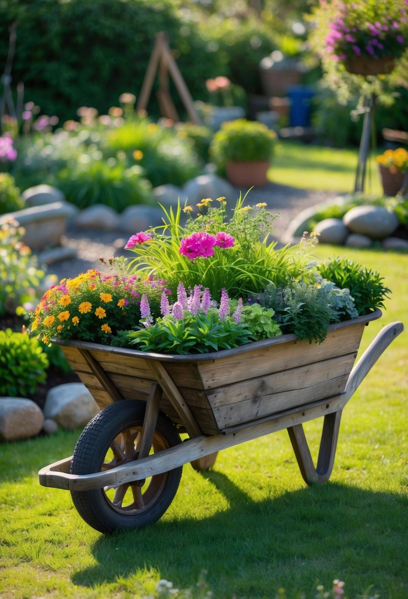 A rustic wooden wheelbarrow filled with colorful flowers and green plants in a garden setting.