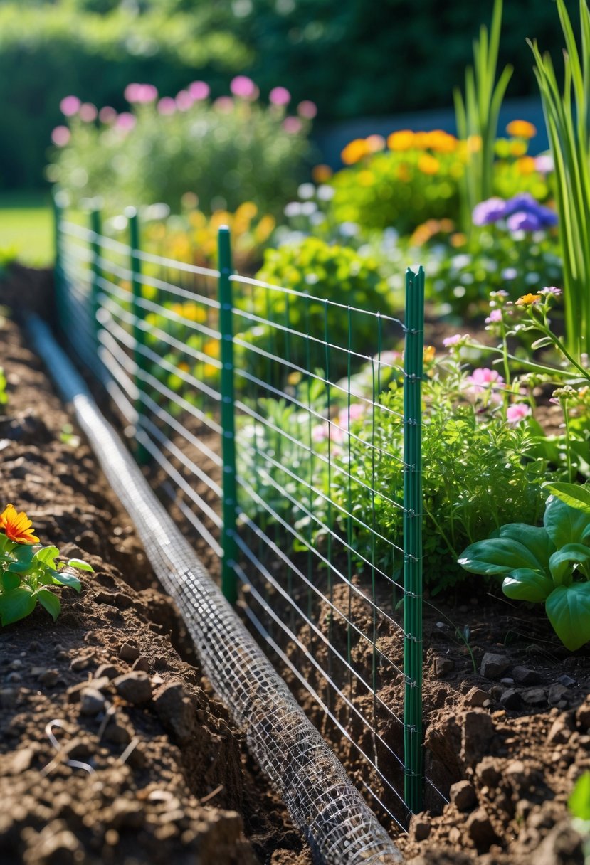 Close-up of a buried wire fence in a garden bed with plants and soil, designed to keep animals out.