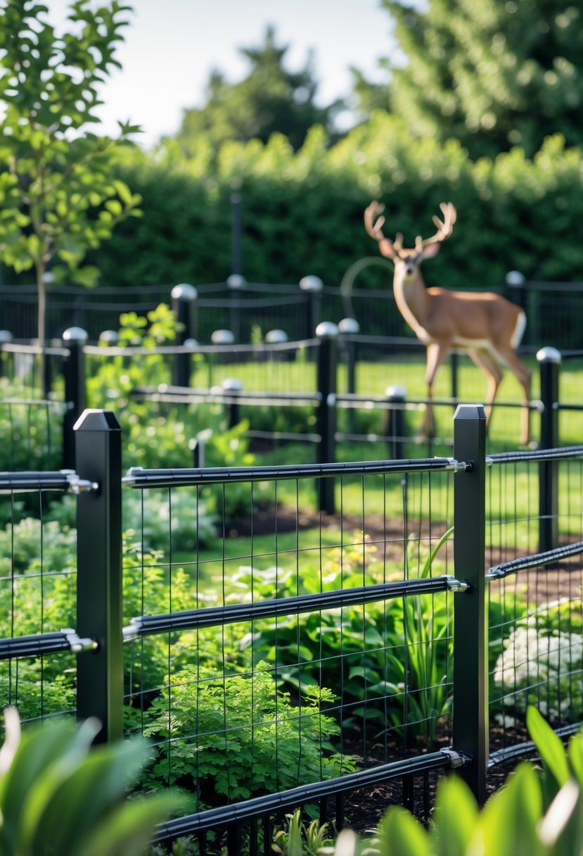 A garden with various electric fences designed to keep deer and large wildlife out, with a deer standing near the fence.