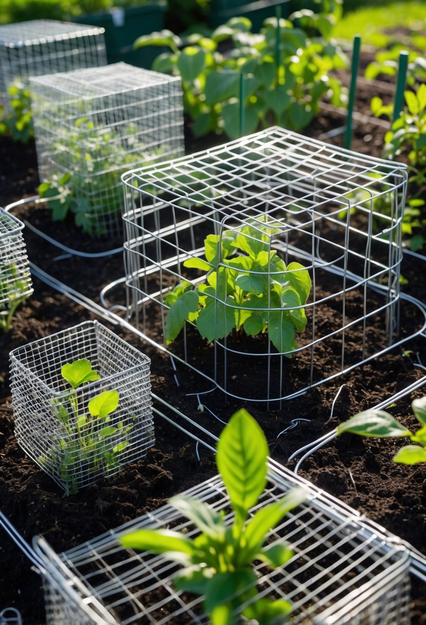 A garden with several young plants protected by individual mesh cages to keep animals away.