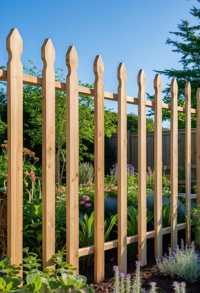 Tall wooden picket fence surrounding a garden with green plants and flowers to keep animals out.