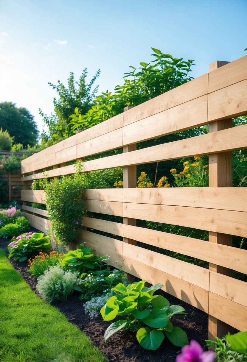 A solid wooden panel fence protecting a garden with green plants and flowers.