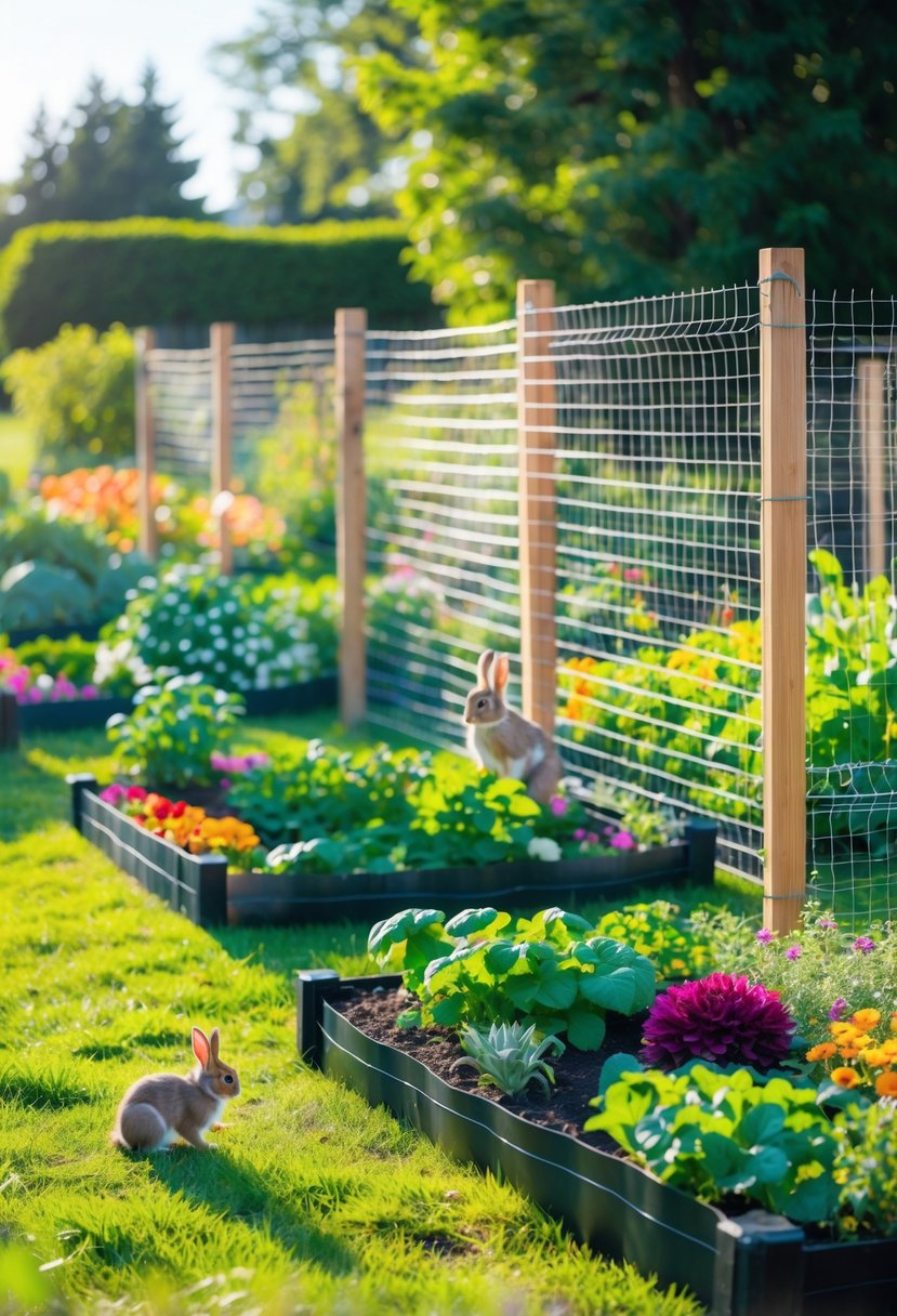 Garden beds surrounded by chicken wire fences keeping small animals like rabbits outside, with flowers and vegetables growing inside.