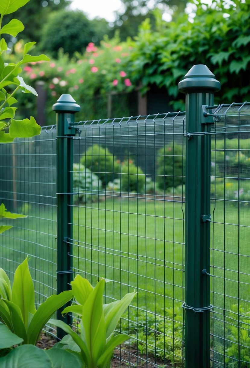 A garden fence made of metal T-posts and wire mesh surrounding a green garden area to keep animals out.