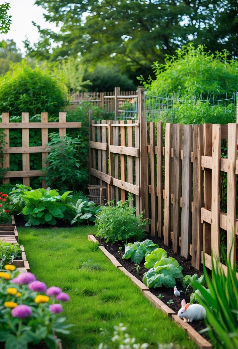 A garden surrounded by fences made from reclaimed wooden pallets, with plants inside and small animals outside the fence.