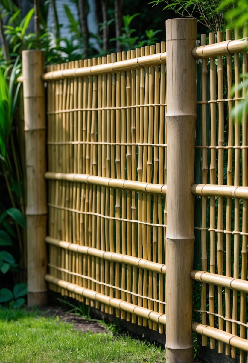 Bamboo fencing attached to wooden posts surrounding a garden area to keep animals out.