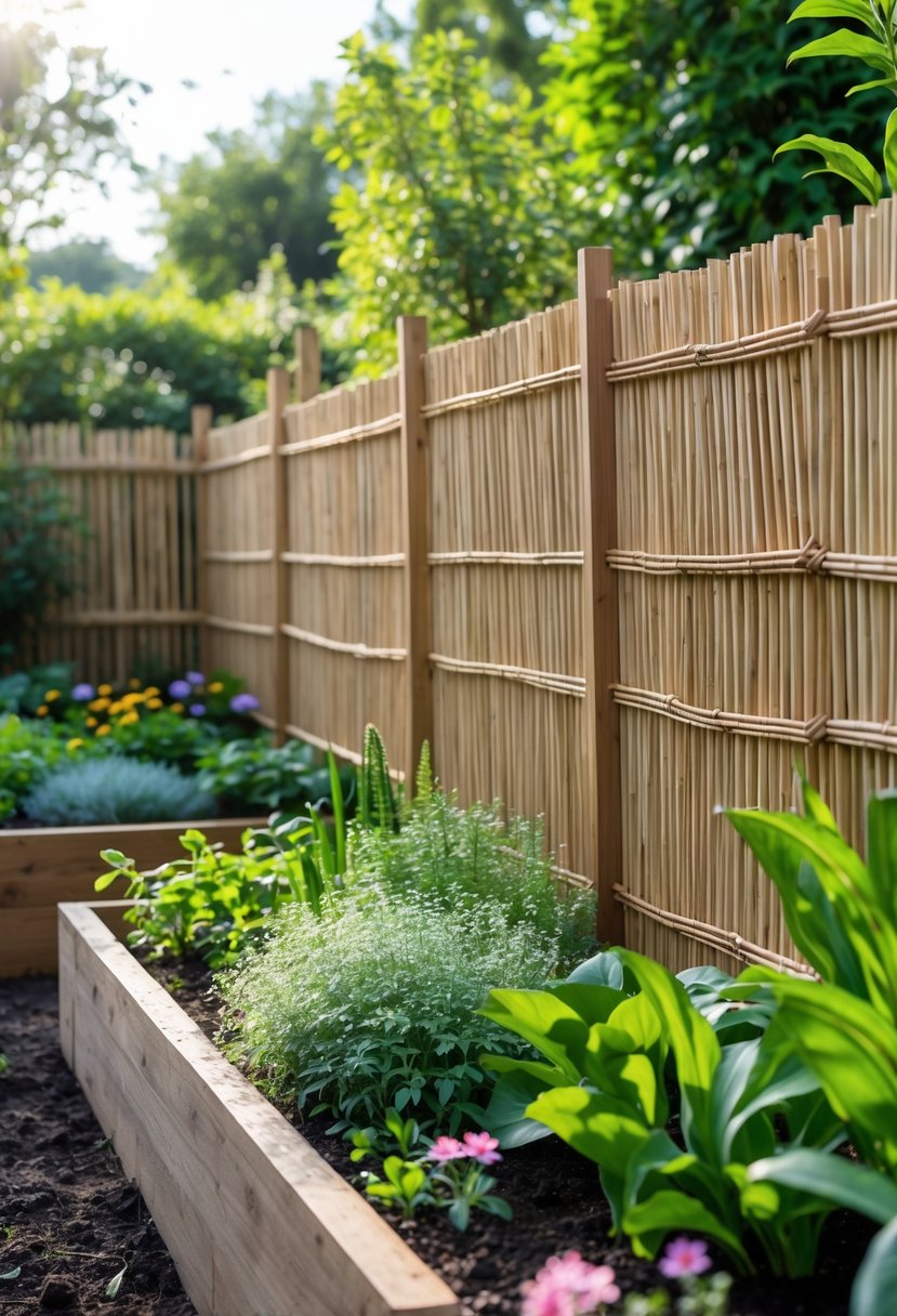 A garden enclosed by a natural reed fence with green plants and flowers inside.