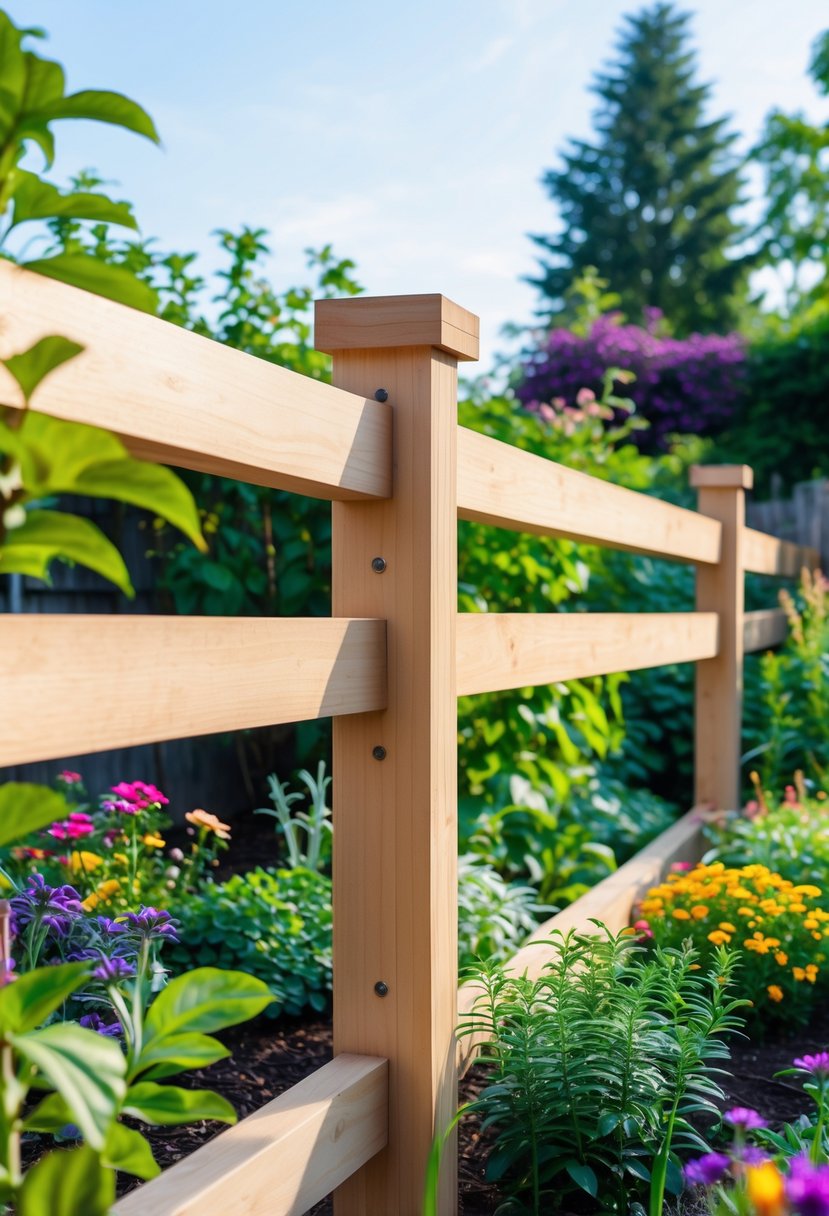 A wooden garden fence with a top rail preventing climbing, surrounding a colorful garden with plants and flowers.