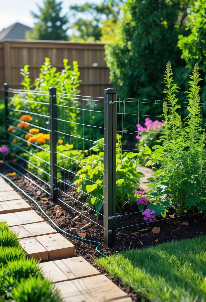 A garden enclosed by a sturdy fence with buried electric wire near the base to prevent animals from digging under it.