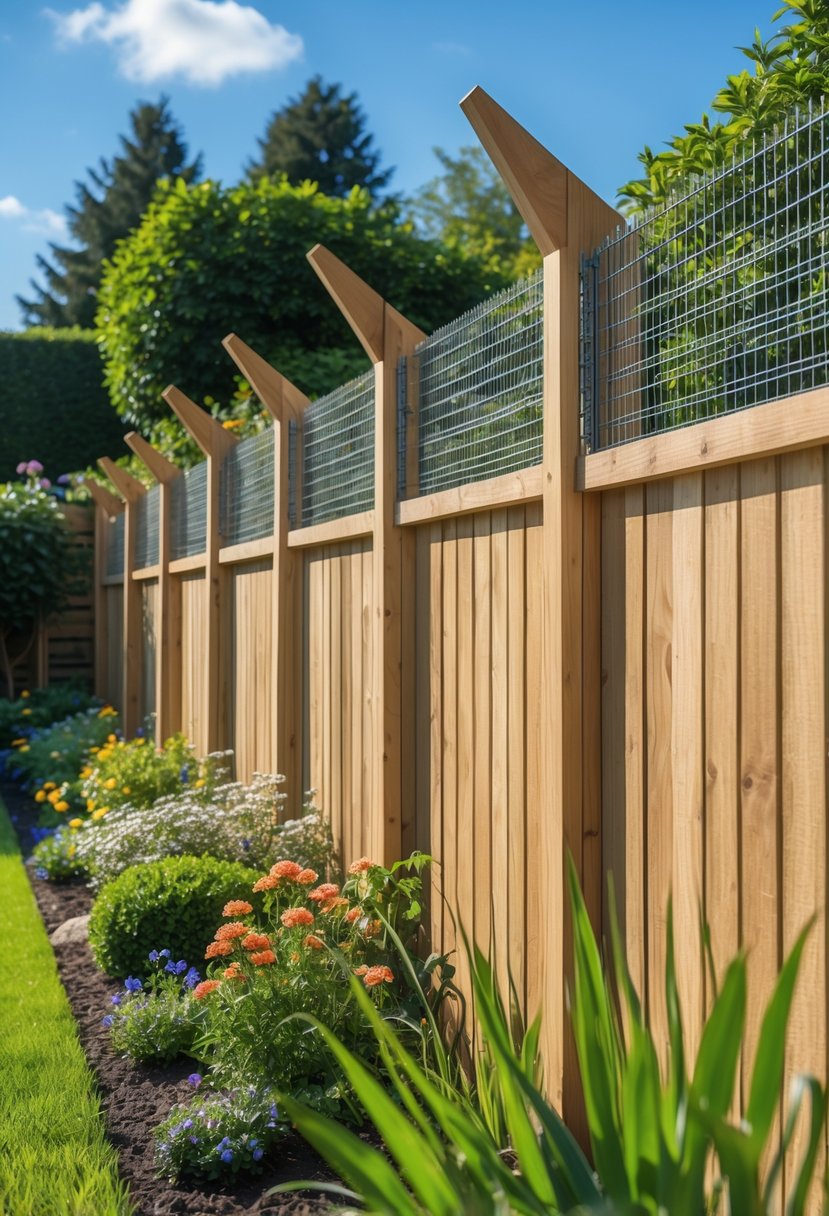 A wooden garden fence with angled extensions surrounded by green grass, flowers, and shrubs under a clear sky.